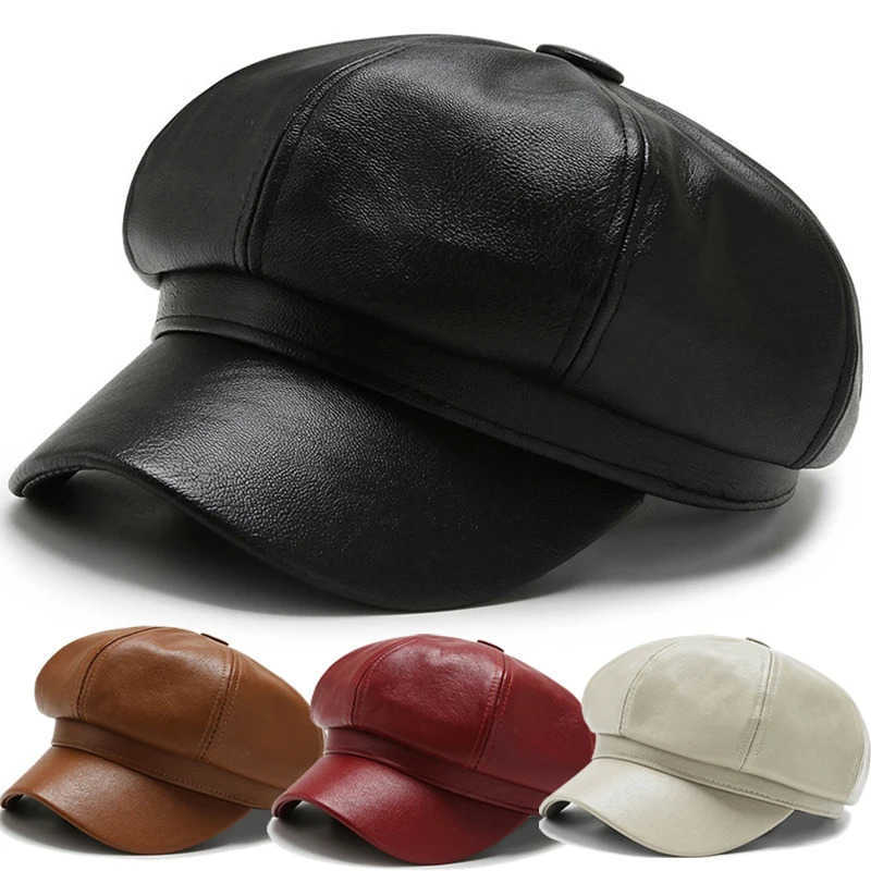 Women Men PU Leather Berets Hat Retro British Solid Beret Baseball Cap Outdoor Sun Hat Winter Warm Octagonal Hats Newsboy Caps U250928