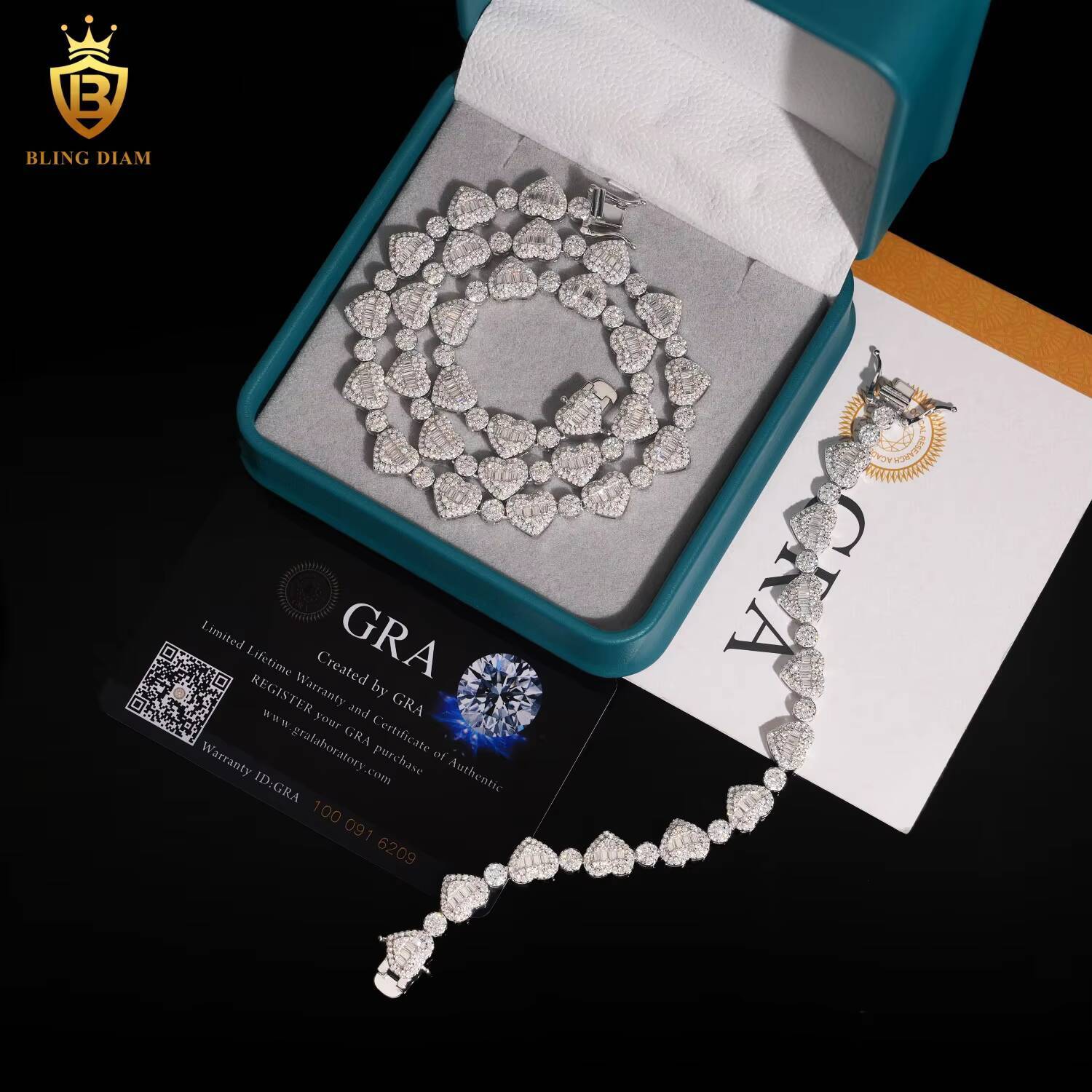 Fine Jewelry Necklace and Bracelet Bangle Set 925 Sterling Silver 85mm Vvs Moissanite Love Heart Tennis Chain