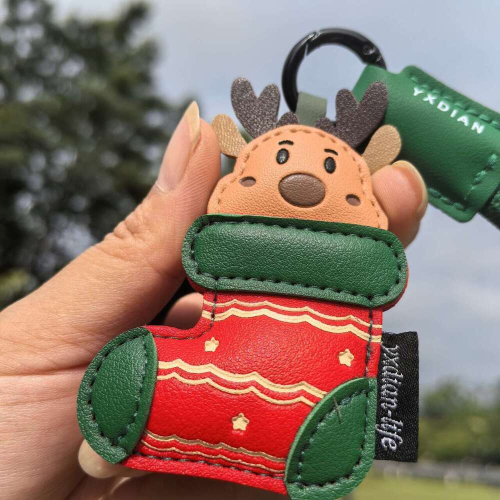 Creative Christmas Tree Sock Pendant for Boys and Girls Cute Green PU Leather Backpack Cartoon Car Keychain