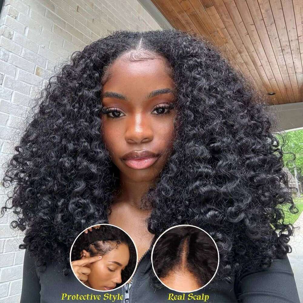 40Inch Kinky V-Part Human Hair Leave Out Upgrade Deep Wave Curly V Shape Wig No Glue Clip In Half Wigs 200 Density Xiusiyuan2509