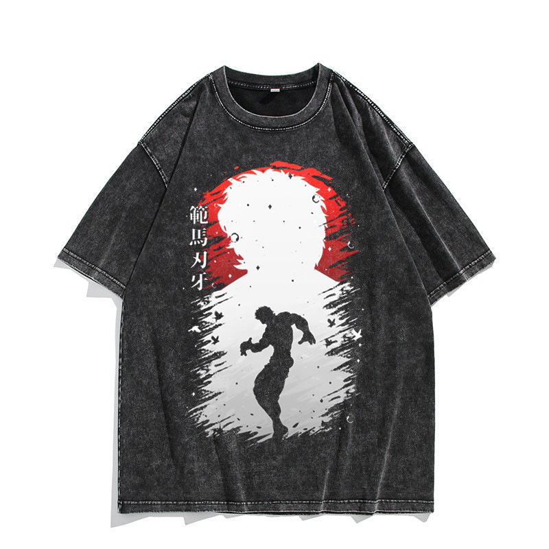 European & American Washed Vintage Short-Sleeve T-Shirt Anime Baki Hanma American High-Street Top - TT8289