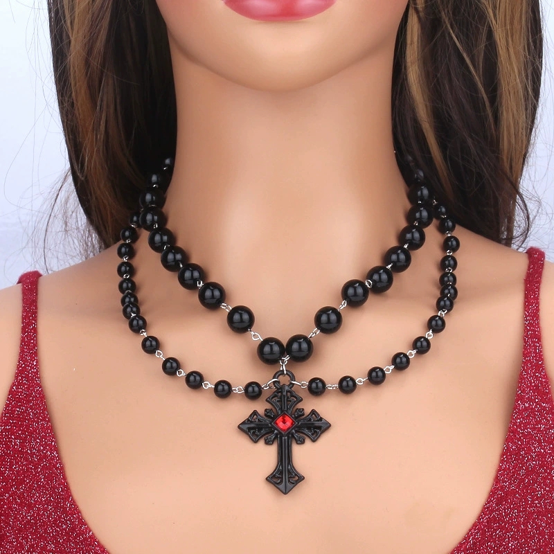 Hip-Hop Inspired Black Cross Earrings with Fake Pearls