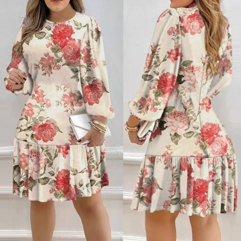 Women's Long Sleeve Floral Print Ruffled Hem Dress Elegant Vacation Apricot Dress-CF52796