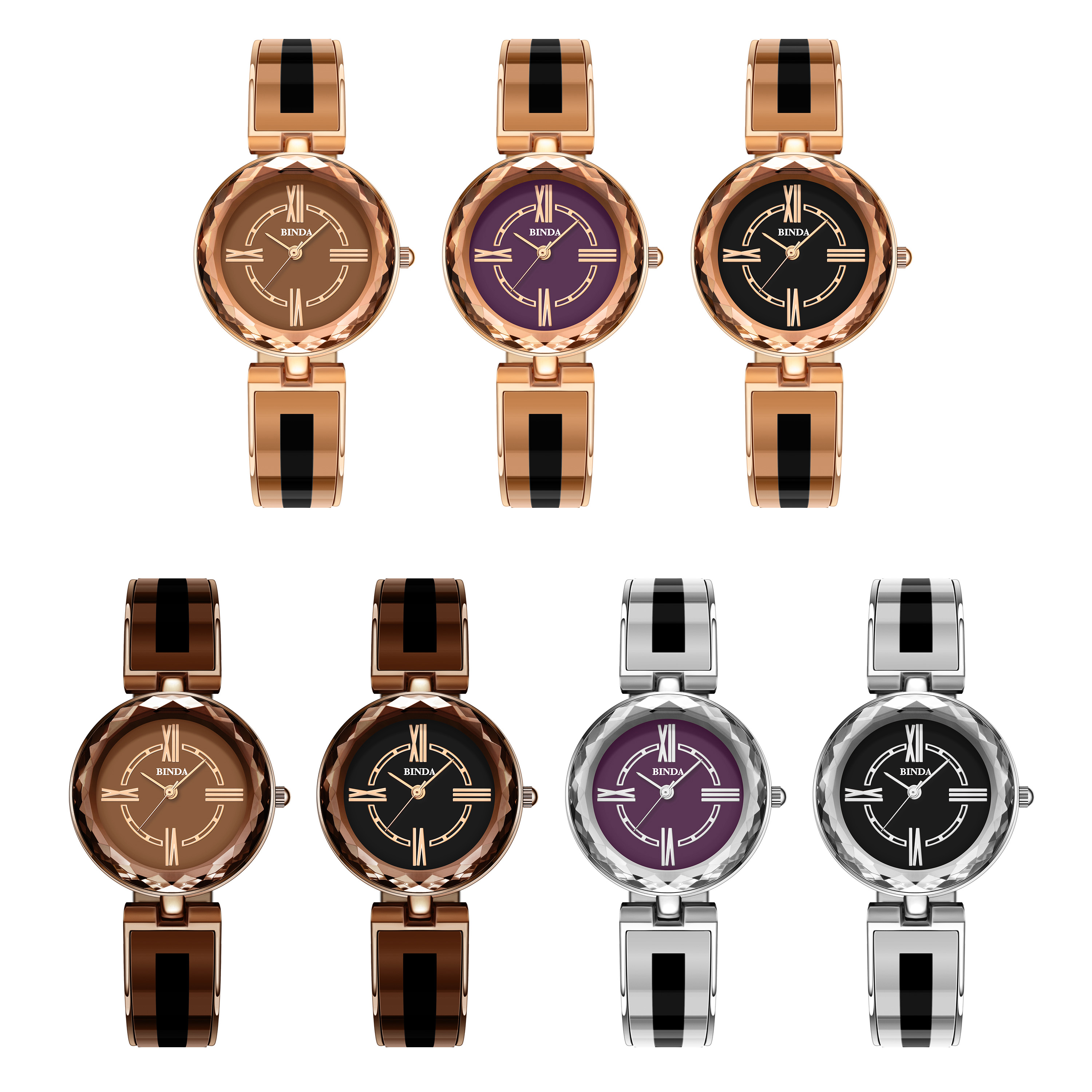 Binda Women Elegant Quartz Watch Gift Box Multi Faceted Dial Glass Bracelet