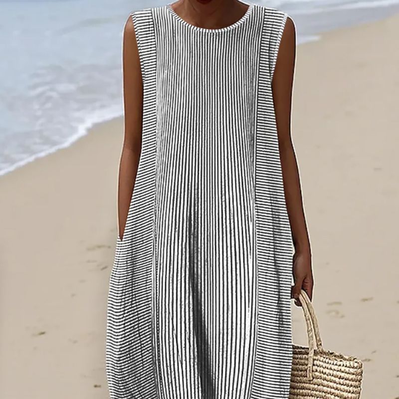 Women's Sleeveless Striped Print Midi Dress - Spring Summer Casual Beach Vacation Dress-CF50981