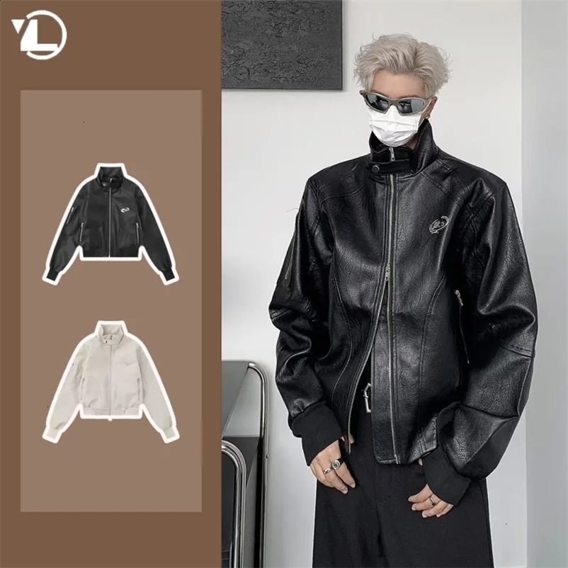 Punk Leather Jacket Mens Spring Standing Collar Trendy High Street Coats Y2k Streetwear Hip Hop Motorcycle Outwear 240723