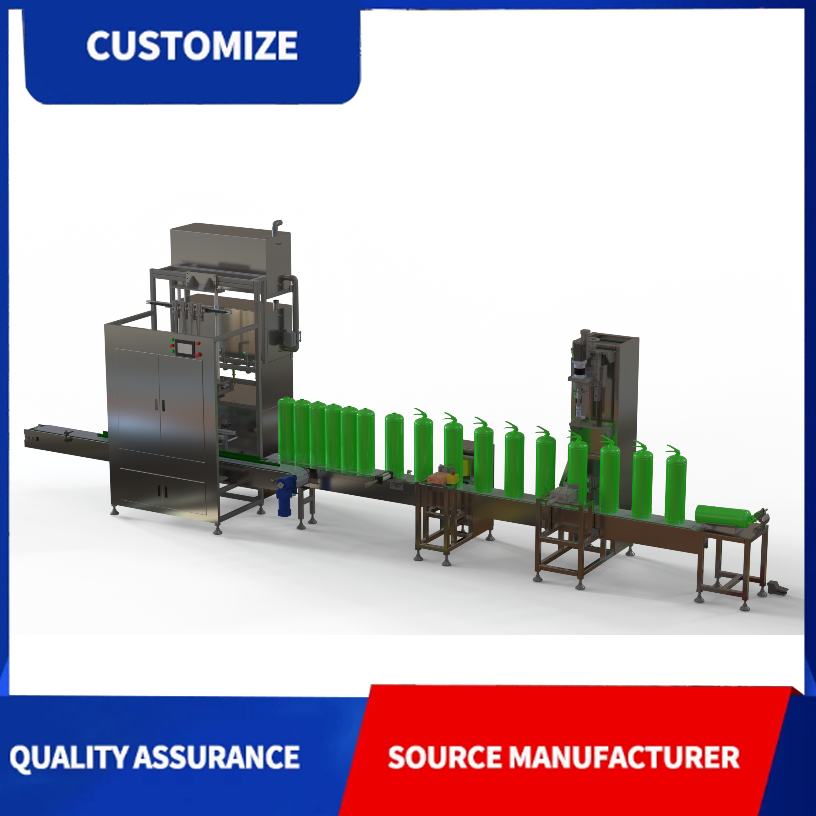 Four-station water-based fire extinguisher filling includes functions such as filling and handle tightening