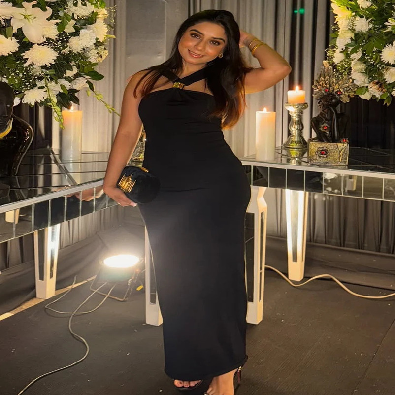 TRAFZA Womens Black Sexy Collar Temperature Knitted Dress Elegant High Waist Party Sleeveless 250407