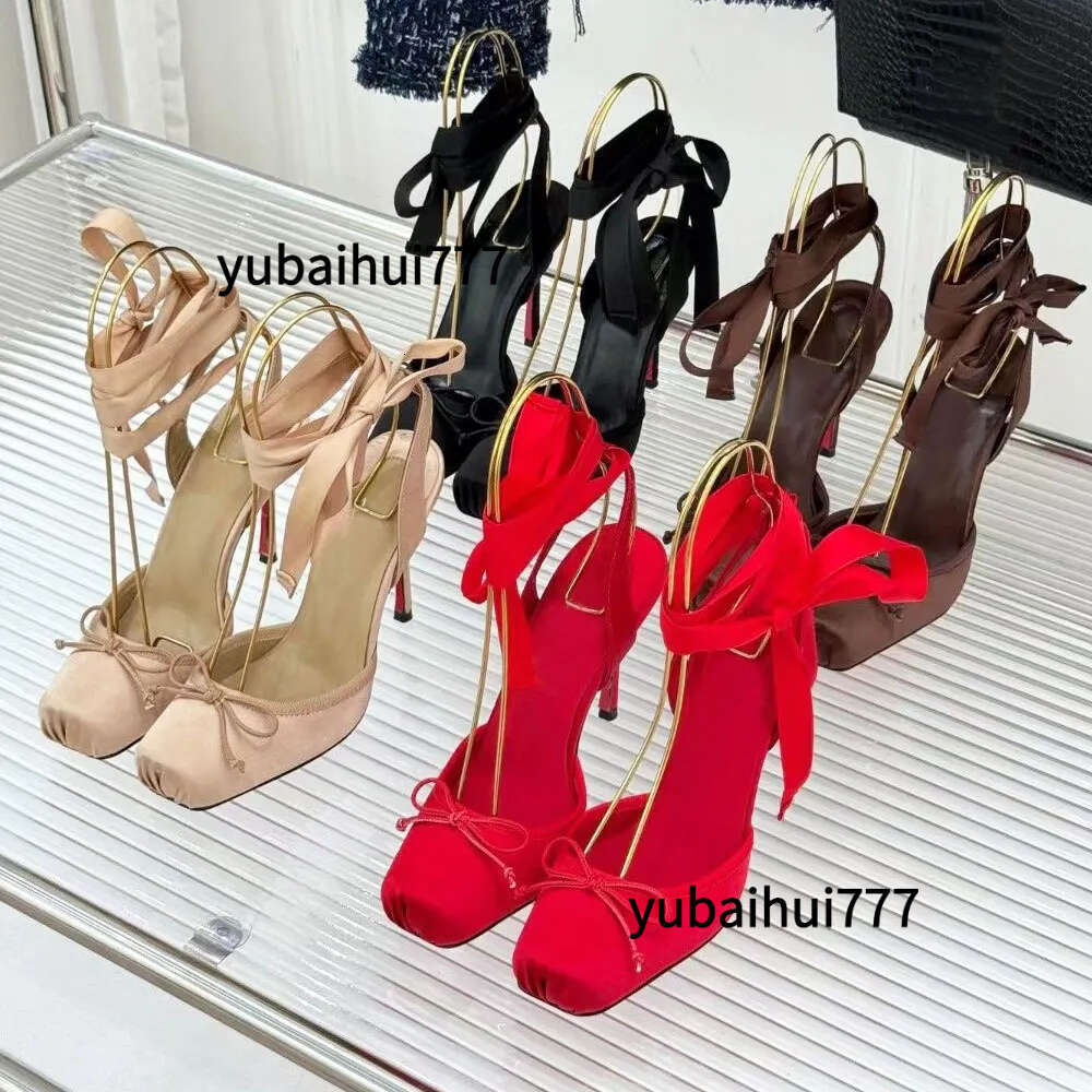 women slingbacks sandal Red Ballet High-heeled 11cm Satin Square Toes Bow Stiletto Heel ballerinas sandals Ankle strap Wraparound party wedding Dress shoes AA