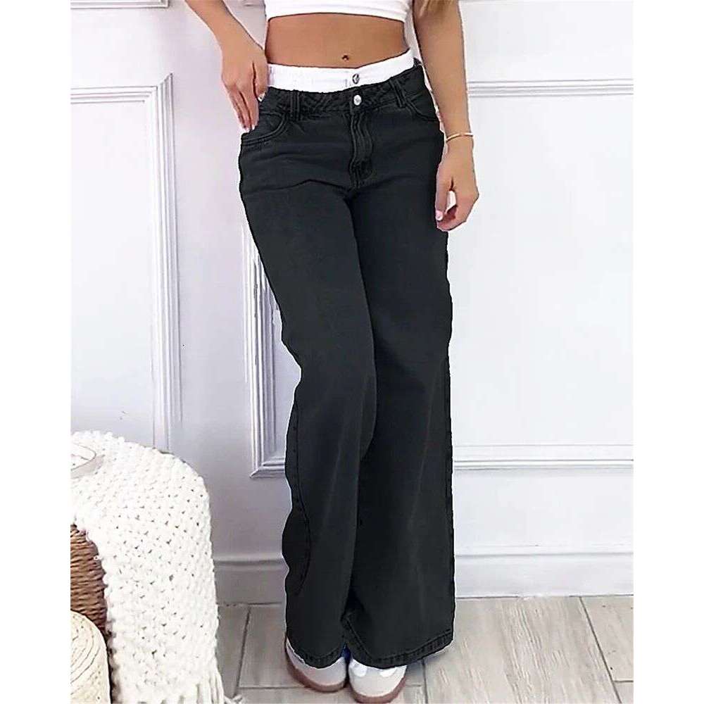 Women's Clothing Retro High Waist Non Elastic Washed Straight Fashion Contrast Color Wide Leg Jeans