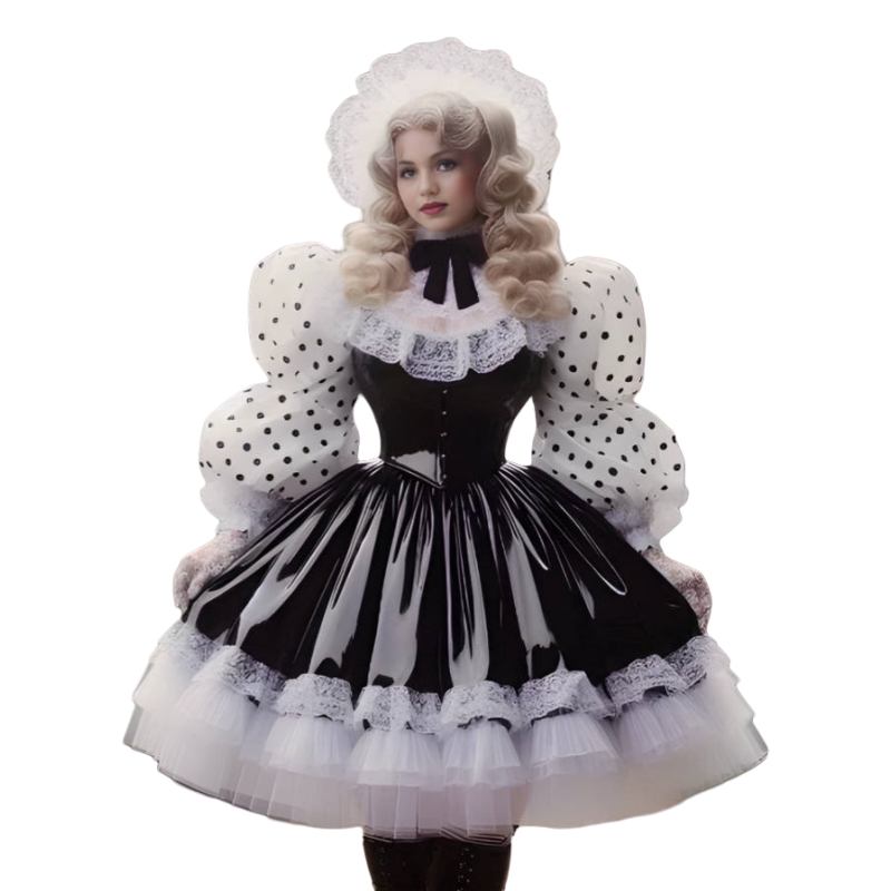 Vintage Black And White Short Prom Dresses Synthetic Leather Ball Gown Pleats Long Sleeves Lolita Cospaly Party Dress Halloween Costume Homecoming Wea