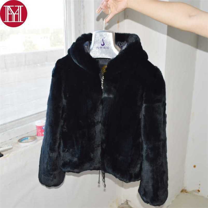 Women Winter Warm Soft Quality Real Rex Rabbit Fur Coat Rex Rabbit Fur Short Jacket Real Rex Rabbit Fur Hooded Overcoat 211206