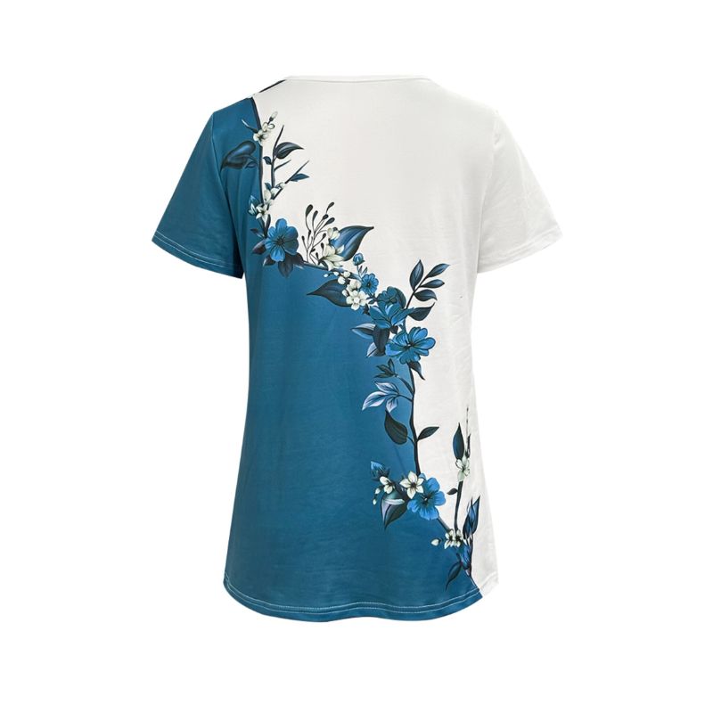 Women's Short Sleeve Notch V-Neck Floral Print Color Block Top - Summer Casual Homewear T-Shirt-CF50256
