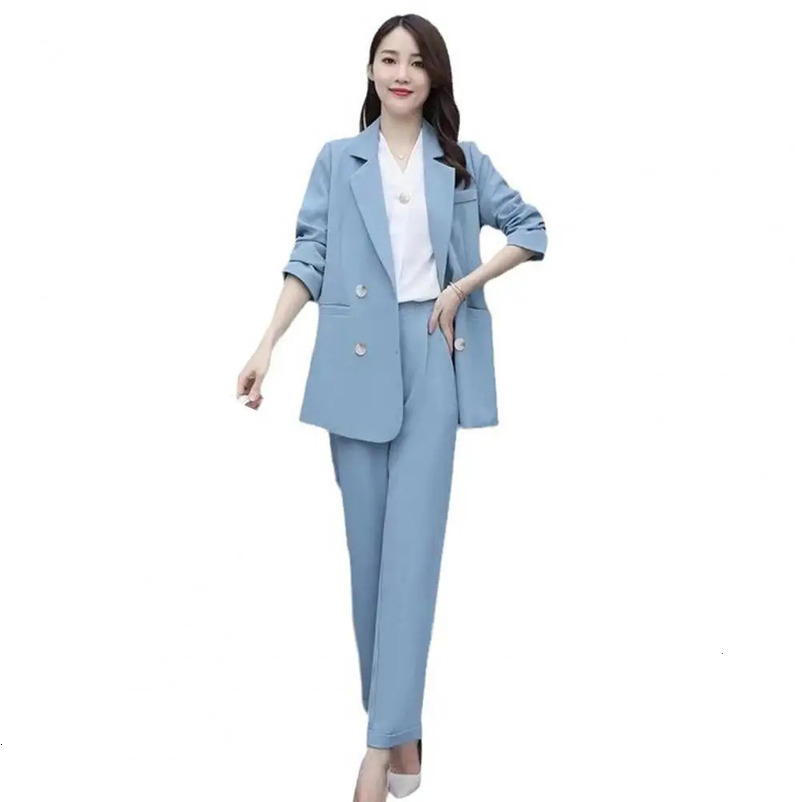 2 PcsSet Women Business Suit Turndown Collar Long Sleeve Coat Solid Color Straight Pants Formal OL Commute Jacket Trousers Set 240617wtt