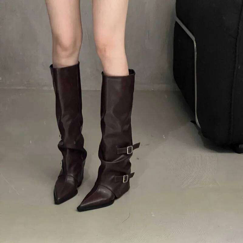 Designer Women's Spring Cosy Pointed Toe Woman Shoes Fashion Sexy Knee-High for Women Belt Buckle Thick Heel Boots