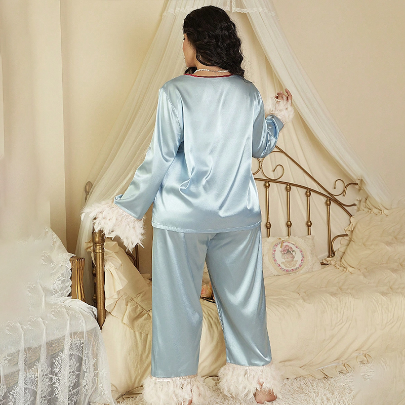 New Women's Spring/Fall Silk Satin Feather-Patchwork Long-Sleeve Pants Sleepwear Set for Homewear