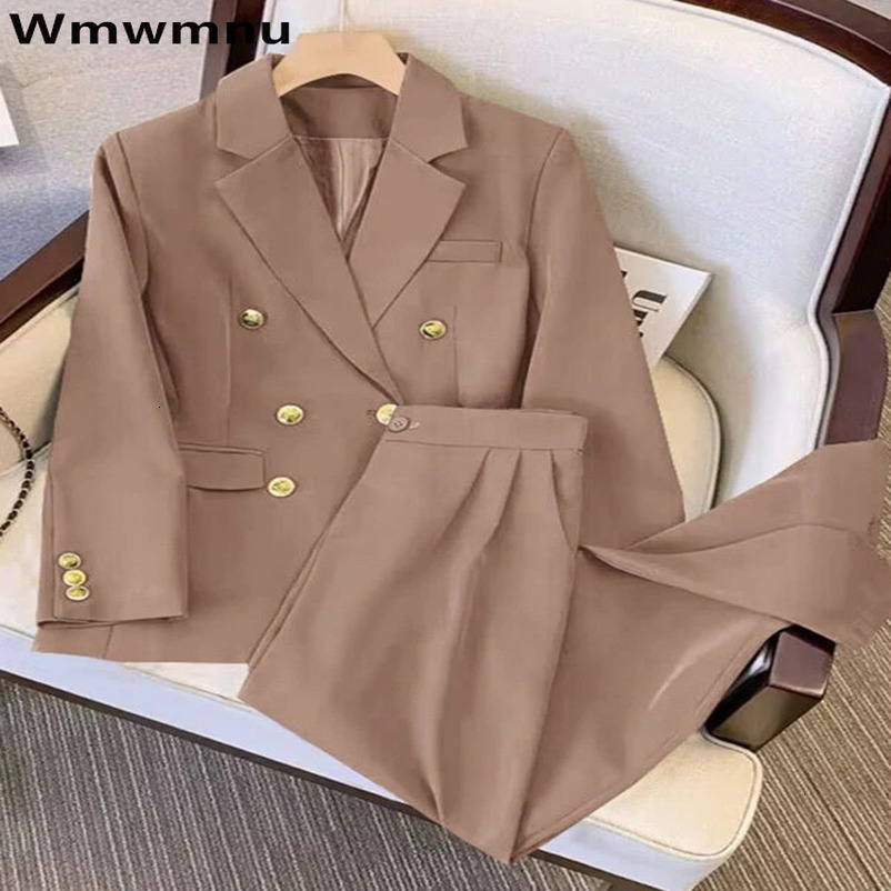 Khaki Office Double Breasted Suits Sets Women Korean Long Sleeve Blazer Jackets Conjunto Ol High Waist Straight Pants Outfit 240226wtt
