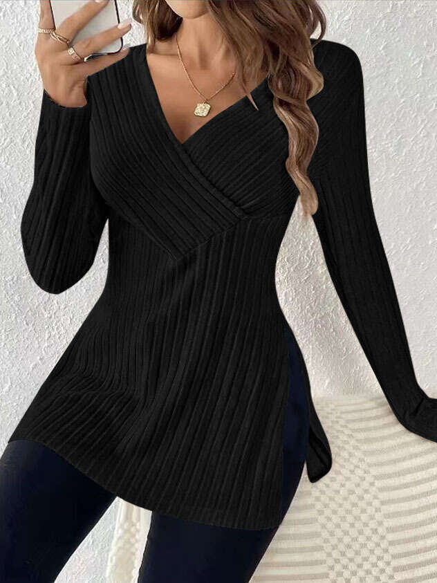 Women's Clothing Autumn Winter New Long Sleeve Solid Color V-Neck Casual Home Ribbed Top