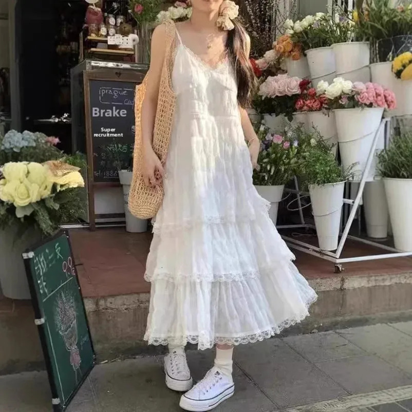 Sweet Youthful White French Strapless Dress Womens Summer Holiday Loose Cake Long Skirt Sleeveless Empire Waist Midi 250611