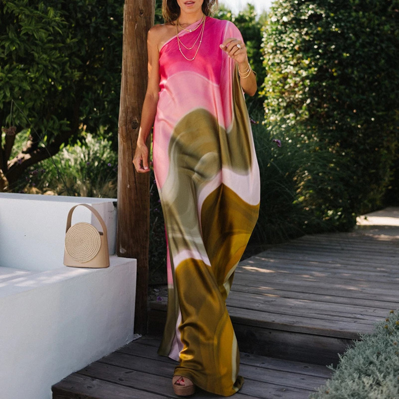 Sexy Backless Pleat Holiday Long Dress Fashion Pattern Print Loose Party Women Elegant Diagonal Shoulder Beach 240628