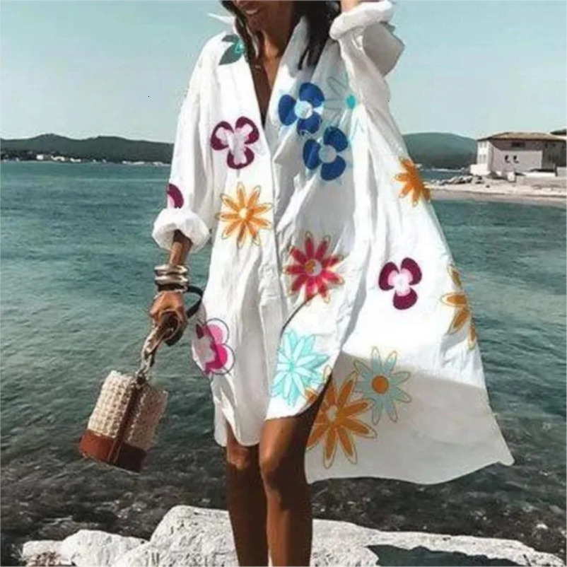 Woman SpringSummer Fashion Print Loose Shirt Dress Elegant Womens Casual Lapel Long Sleeve Asymmetric Vestidos S3XL 240715