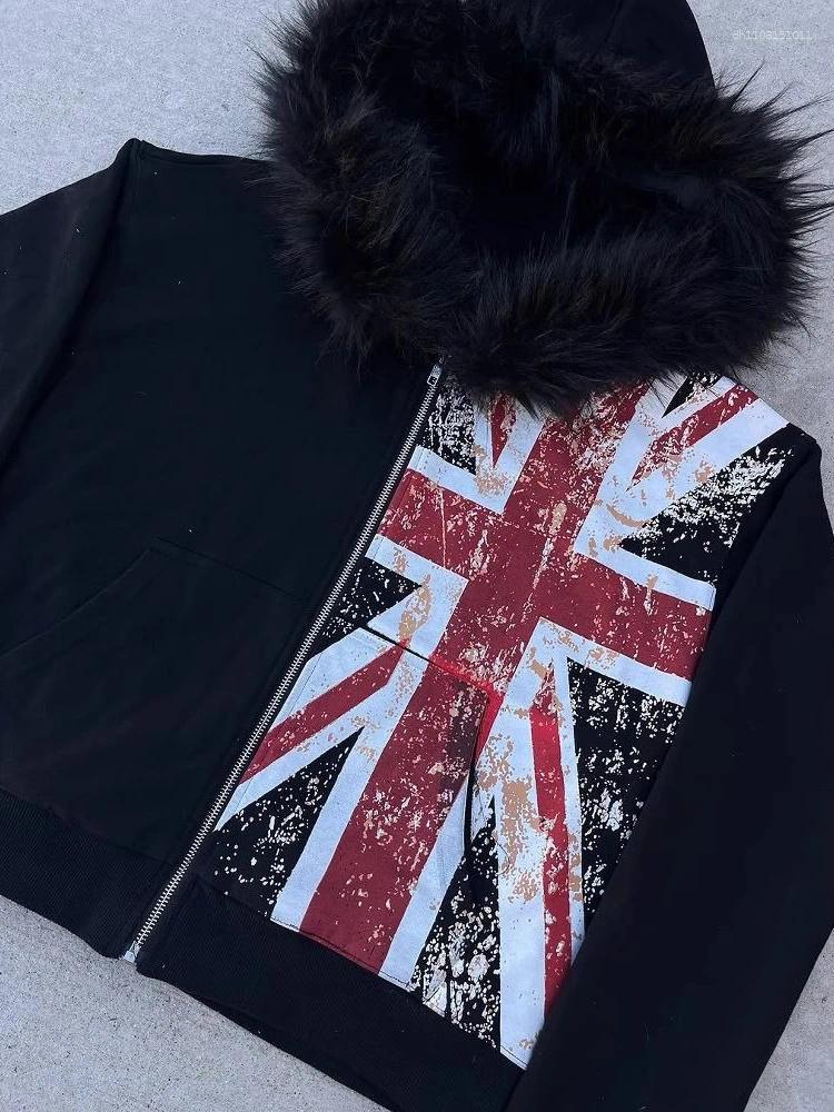 Men's Hoodies Women Aesthetic Fur Patchwork Grunge Printing Zippers Casual Hoody Harajuku Vintage Loose Pocket Sweatshirts Tops