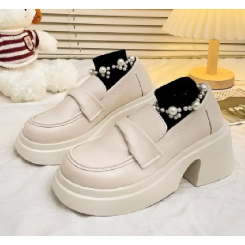 Leather Shoes 2024 Autumn New Style French Retro British Round Head High Heels French Inspired Womens Leather Slip-On Boots Contemporary Retro Footwea