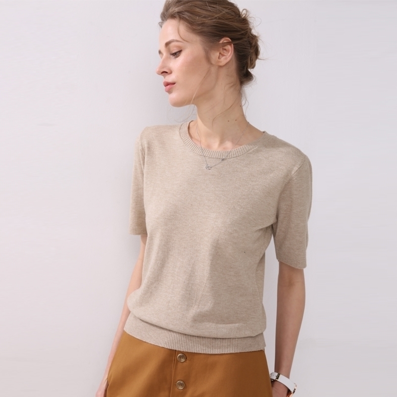 spring and autumn women's large solid wool cashmere sweater short sleeve round-neck sweaters knit sweater computer oversize 201023