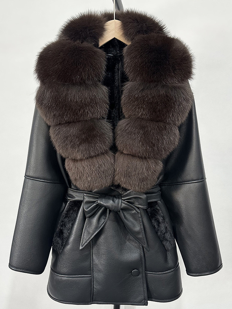 Womens Fur Collar Leather Jacket - European & American Designer Style with High-Waist Cinch