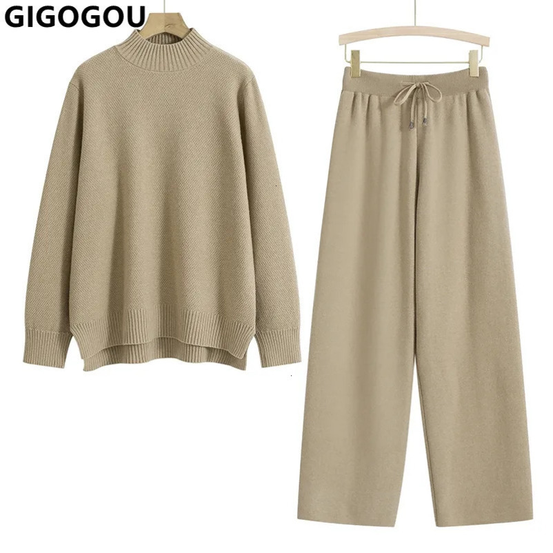 Womens Two Piece Pants GIGOGOU Basic Knitted Winter Sweater Track Suit Extra Large Loose SweaterWide Leg Trouser Set Mens 2Piece 231118wtt