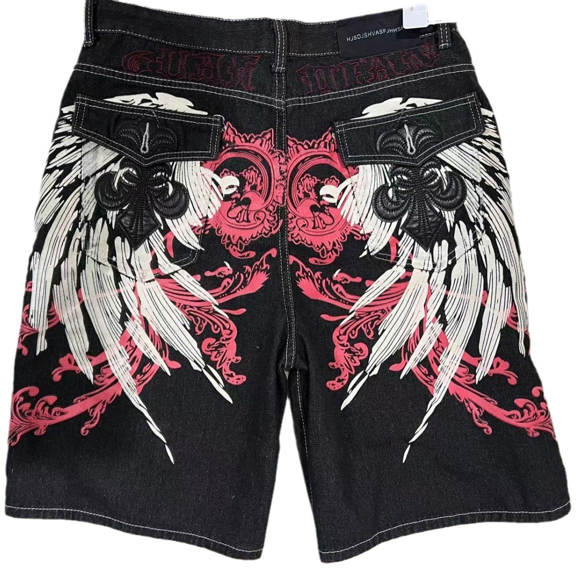 HipHop Gothic Dark Style Pattern Printed Denim Shorts for Men High Street Quirky Personality WideLeg FivePoint Shorts 240722