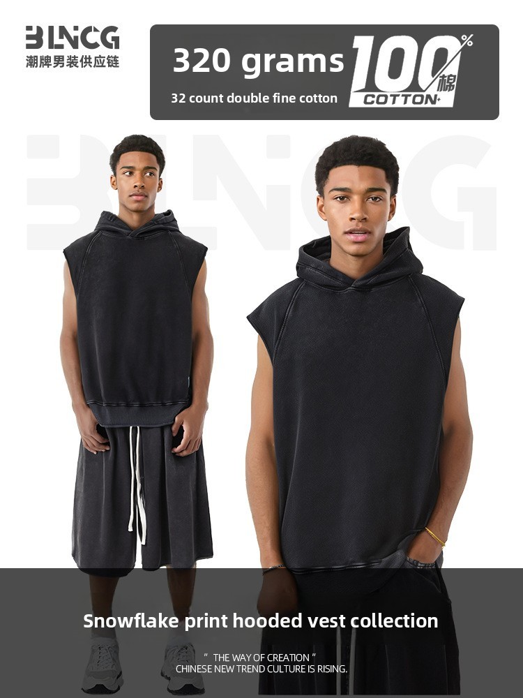 BLNCG New Sporty Streetwear Men's Tank - Cotton, Loose Hooded, American Trend, Snow Wash Sleeveless Tee-KFMT-12