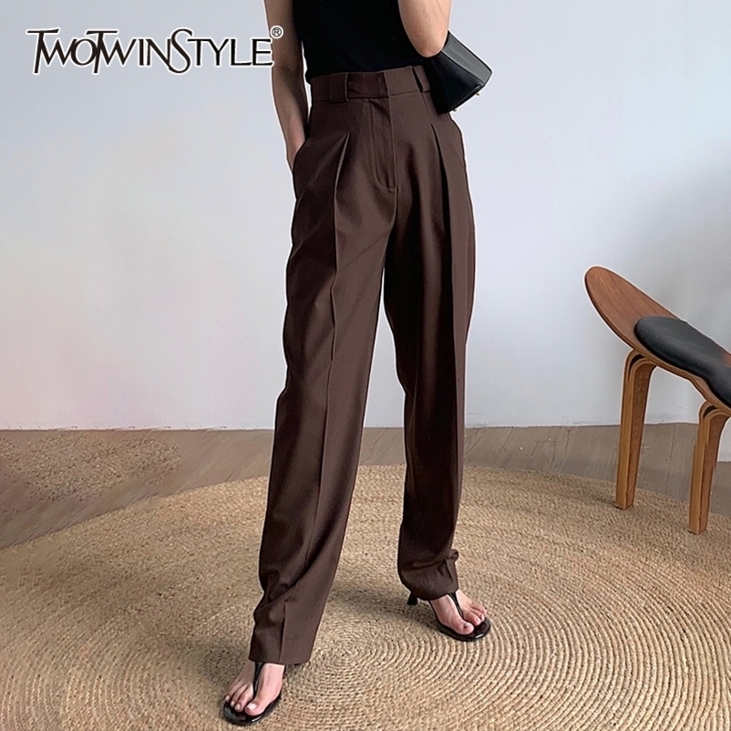 TWOTWINSTYLE Black Korean Women's Pants High Waist Pocket Elegant Straight Trousers Female Clothing Autumn Fashion New 201111