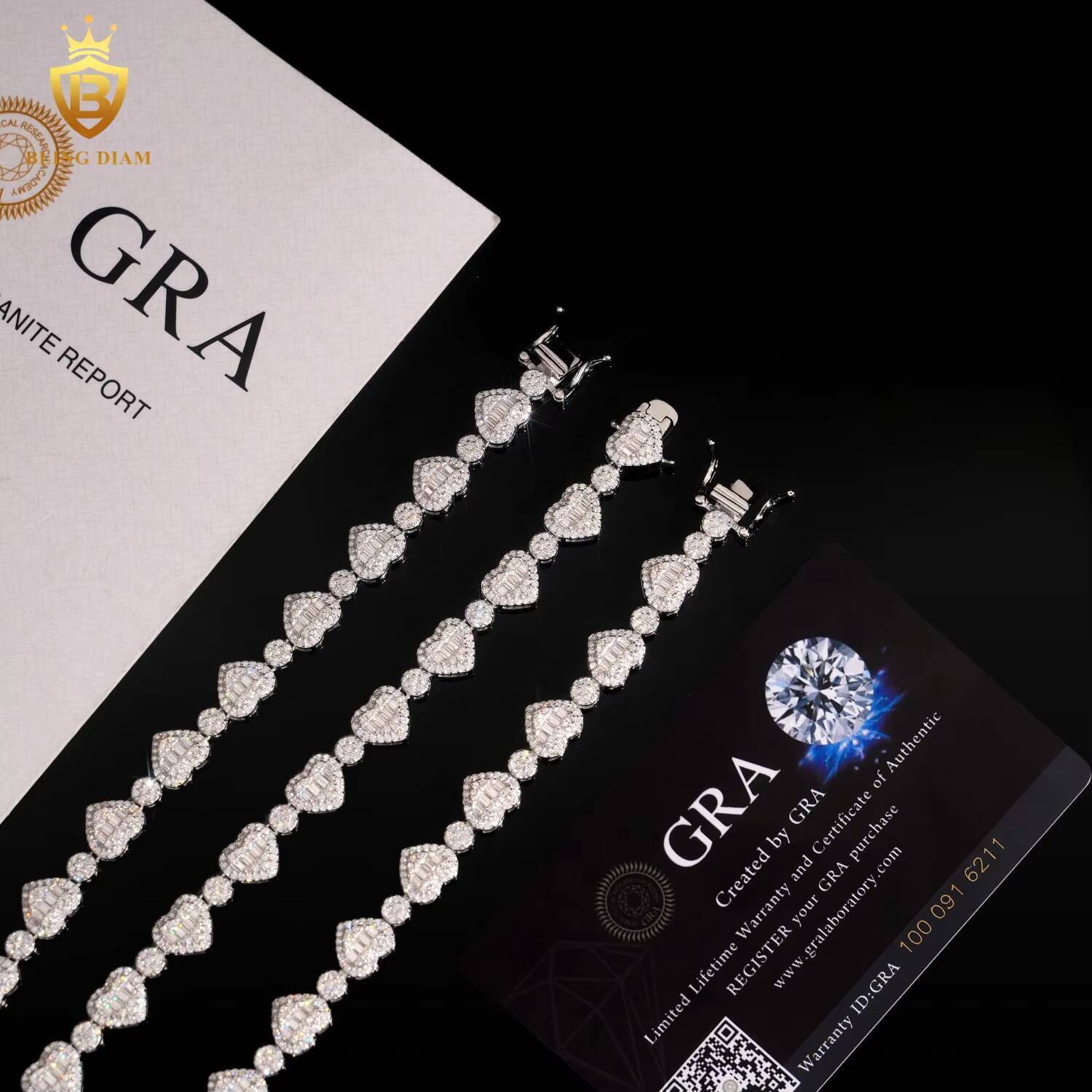 Fine Jewelry Necklace and Bracelet Bangle Set 925 Sterling Silver 85mm Vvs Moissanite Love Heart Tennis Chain