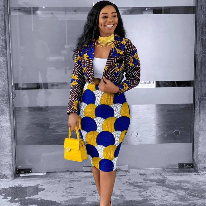 Blazer Skirt Set Women Multicolor Print Lapel Long Sleeve Short Jacket Coat High Waist Midi Suits African Two Piece Outfit 240226wtt