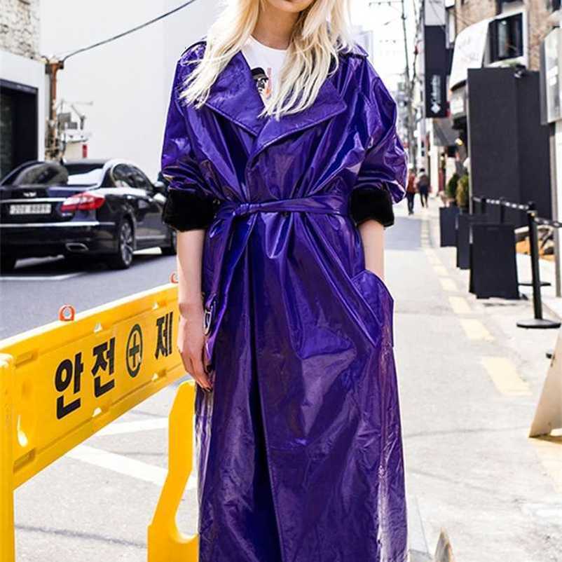 Nerazzurri Spring purple shiny womens patent leather trench coat belt raglan sleeve Oversized soft runway long coat women 211119