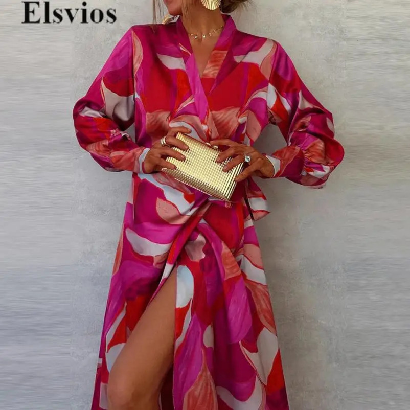 Elegant Tieup Graphic Printed Office Long Dress Chic Women Sleeve Party Commute Lady Vneck Slit 240628