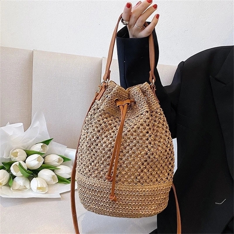 Woven Straw Bag Ladies Bucket Crossbody Summer Beach Retro Travel Shoulder Bags Small Purse and Handbag For Women 240914ZYl