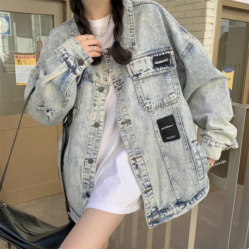 2025 Vintage Distressed Denim Jackets Women Korean Style Loose Jean Jacket Fashion Long Sleeve Oversized Coats Woman 250811A