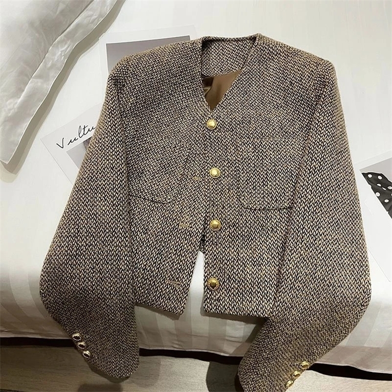 MEXZT Vintage Cropped Tweed Jacket Women Elegant Short Blazer Autumn Korean Single-Breasted All Match Casual Chic Outerwear Tops 240712