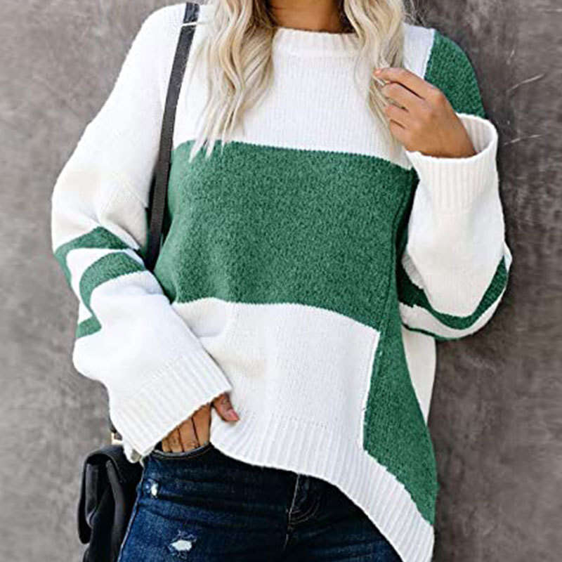 Autumn Winter New Striped Street Style Trendy Sweater Color Block Patchwork Crew Neck Pullover Knitwear