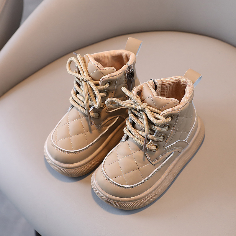 Autumn and winter new children's boots, boys' checkered side zipper baby single boots, girls' baby cotton boots, warm shoes, fashionabl