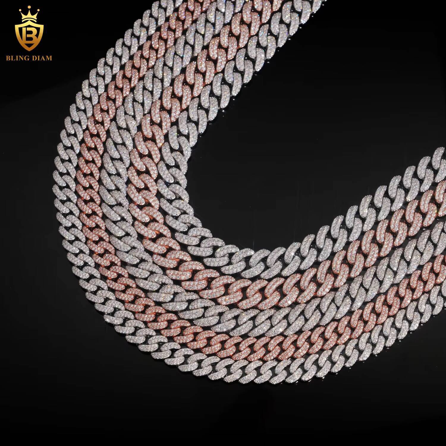 Wholesale Price Solid Silver 925 Rose Gold Cuban 10mm 12mm 13mm Iced Out VVS Moissanite Cuban Chain Necklace