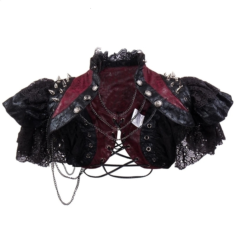 Red Leather Black Lace Rivets Chains y2k Vintage Jacket Steampunk Costume Women Gothic Clothing Rock Rave Coat Cool Streetwear 240723