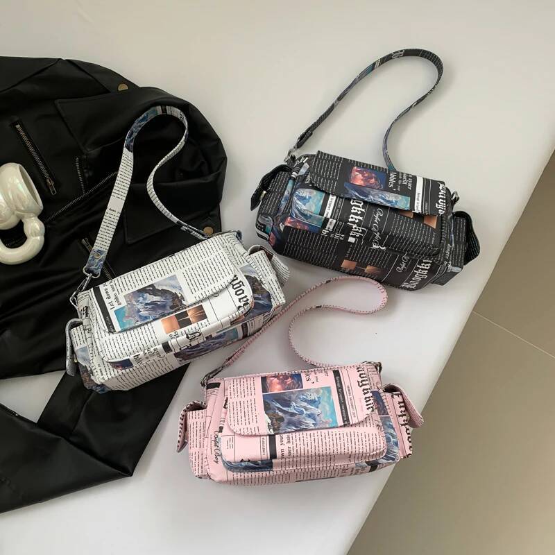 Newspaper Korean Style Shoulder Bag For Women Retro Letter Printing Pu Leather Underarm Handbag Shopper Armpit Purse high-quality