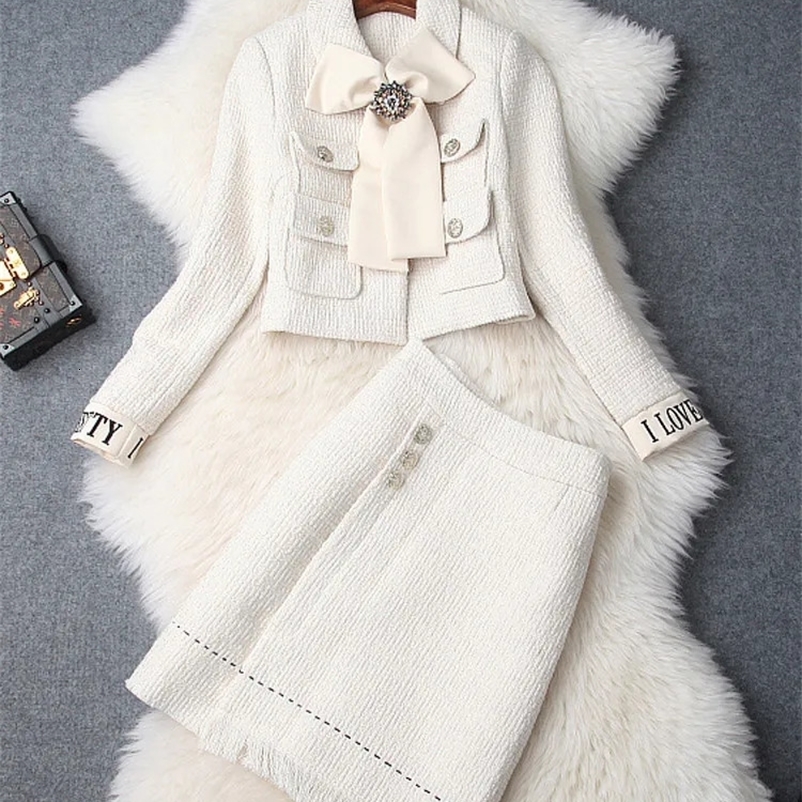 ZJYT Runway Fashion Tweed Jacket and Skirt Set for Women Winter Bowknot Embroidery Letters Two Piece Outfits Office Dress Suit 240223