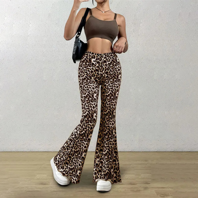 High Waist Leopard Print Flare Leggings Pants Korea Style Summer Autumn Women Fashion Sexy Bodycon Trousers Club Slim 250306