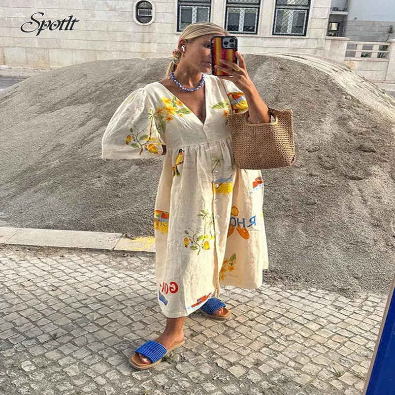 Vneck Puffed Sleeve Singlebreasted Shirt Dress High Waisted Print Casual Loose Dresses Lady Street Robes 240715