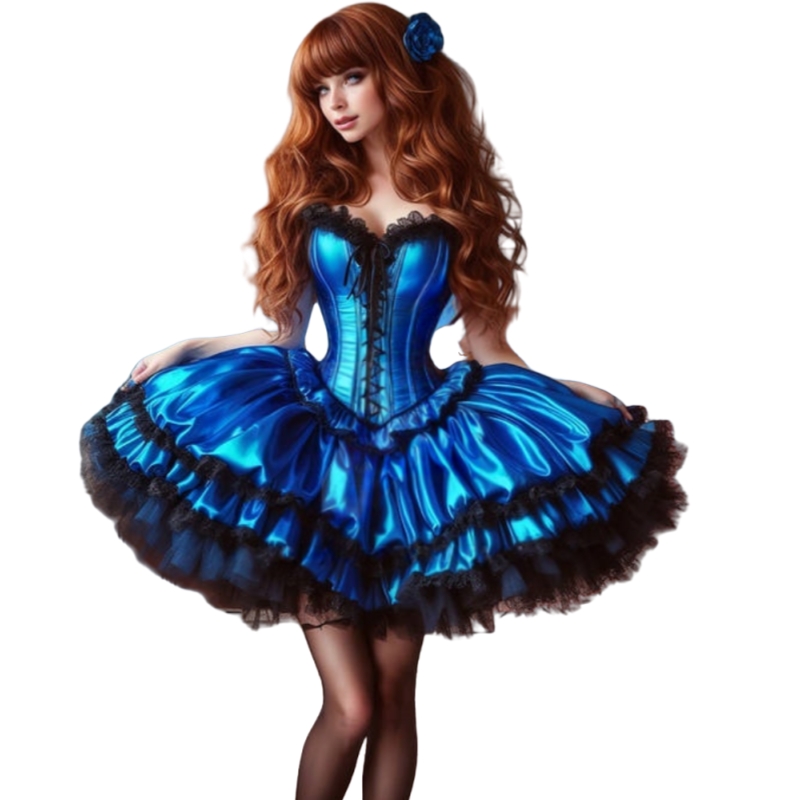 Vintage Blue And Black Steampunk Short Prom Dresses Strapless Corset Cosplay Party Costume Ruffles Tiered Birthday Gown