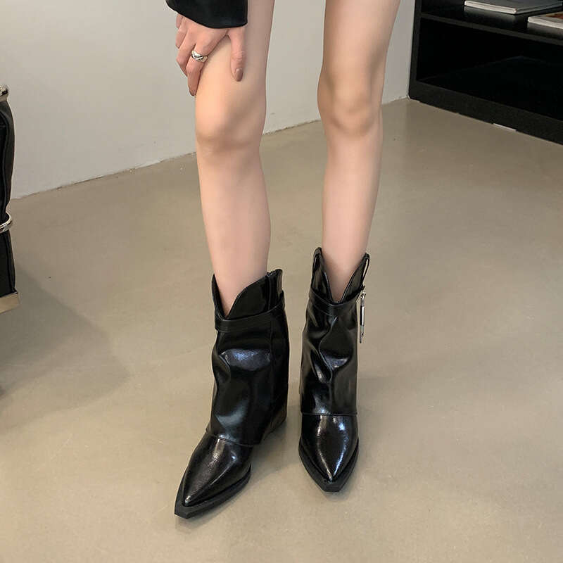 Miting High Pointed Toe Slimming Mid-Calf 2025 Autumn Winter New Lock Buckle Cuff Chunky Heel Fashion Boots for Women